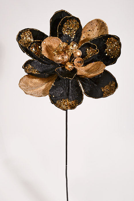 24" Iced Winter Magnolia Stem Black/Gold