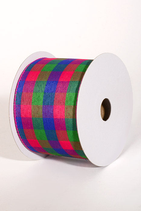 2.5" x 10Yds Wired Garden Check Ribbon Royal Blue/Fuchsia/Green