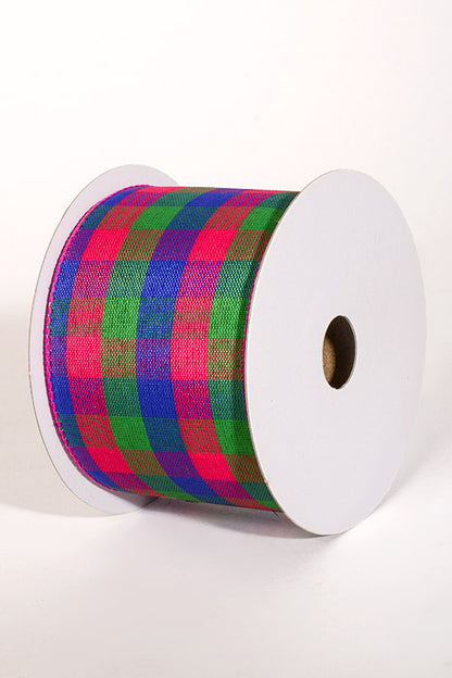 2.5" x 10Yds Wired Garden Check Ribbon Royal Blue/Fuchsia/Green