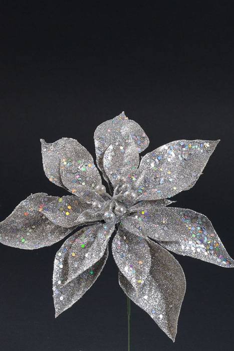 11" Glitter Poinsettia Pick Silver Pkg/12