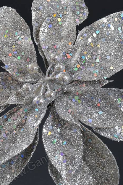 11" Glitter Poinsettia Pick Silver Pkg/12