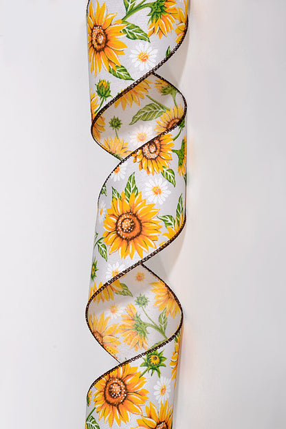 2.5" x 10Yds Wired Ivory Linen Sunflowers &amp; Daisies Ribbon Yellow/White