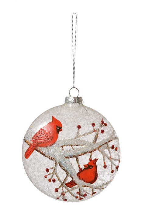 5.5" Glass Cardinal Disc Ornament Red/White