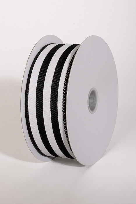 1.5" X 10Yds Wired Linen Wide Cabana Stripes Ribbon Black/White
