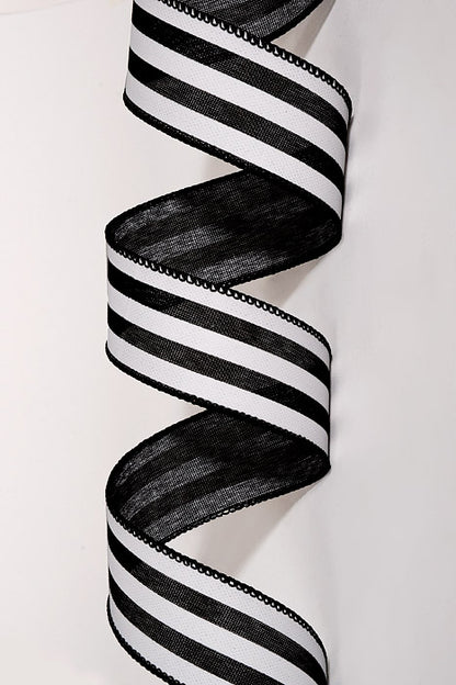 1.5" X 10Yds Wired Linen Wide Cabana Stripes Ribbon Black/White