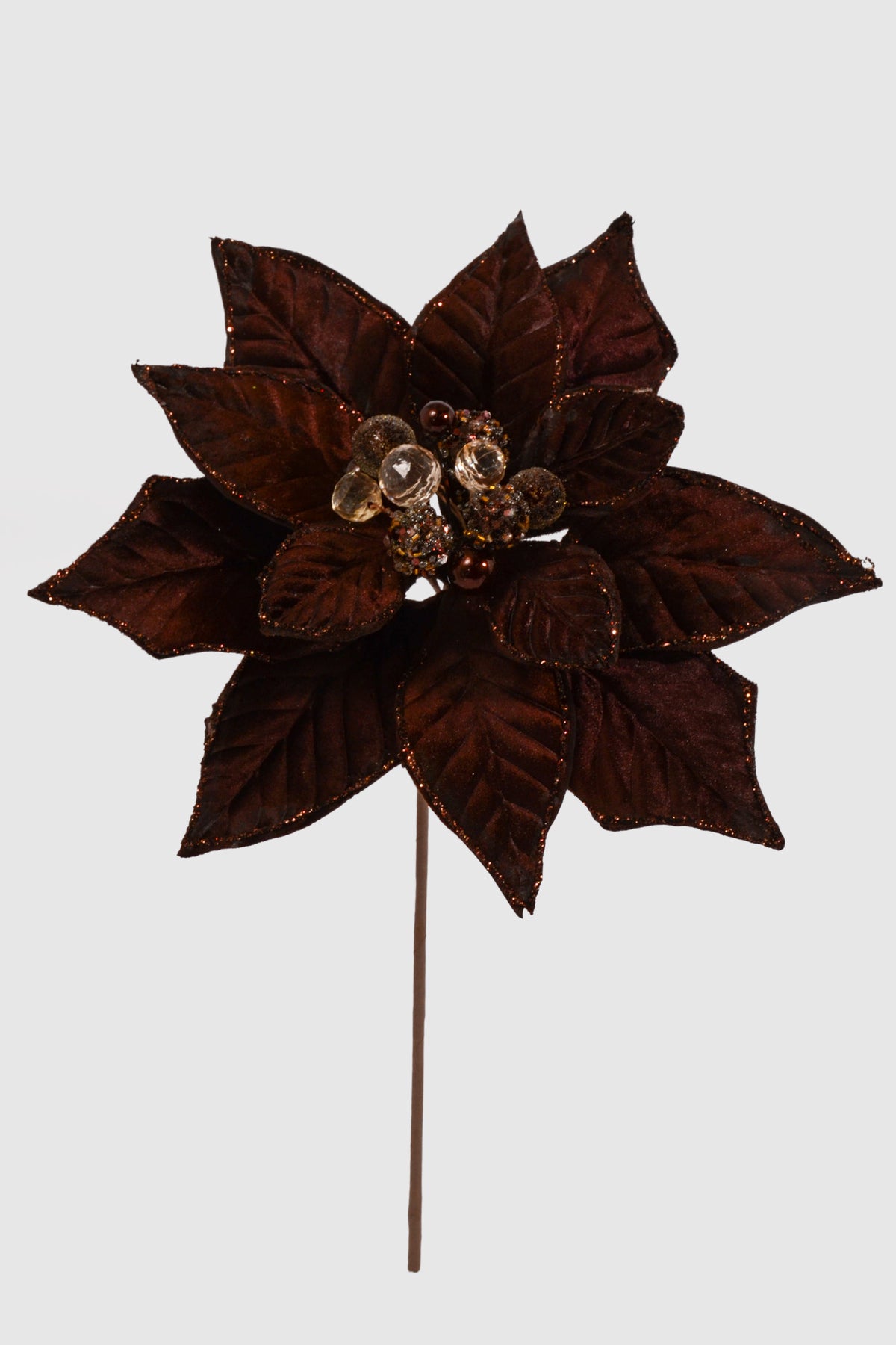 19.5" Velvet Glitter Poinsettia Stem Chocolate