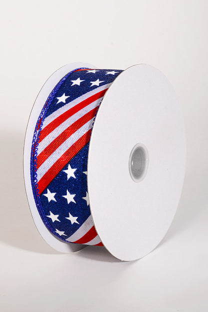 1.5" x 10Yds Wired Glitter White Linen Stars &amp; Strips Ribbon Red/Navy