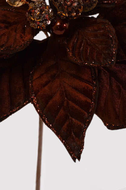 19.5" Velvet Glitter Poinsettia Stem Chocolate