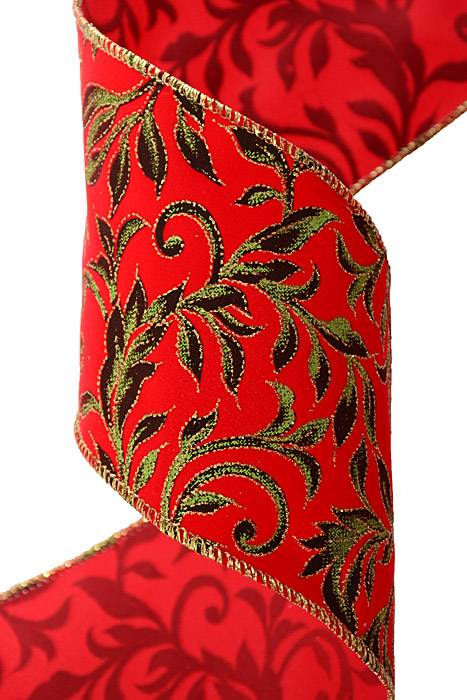 4" X 10yds Wired Printed Leaf Vine On Velvet Ribbon Red/green/gold