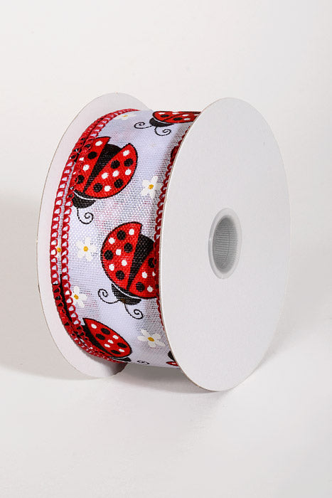 1.5" x 10Yds Wired Linen Lady Bugs &amp; Daisies Ribbon White/Red