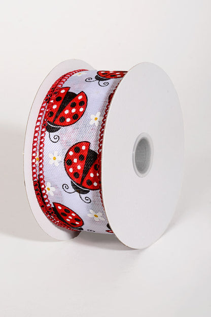 1.5" x 10Yds Wired Linen Lady Bugs &amp; Daisies Ribbon White/Red