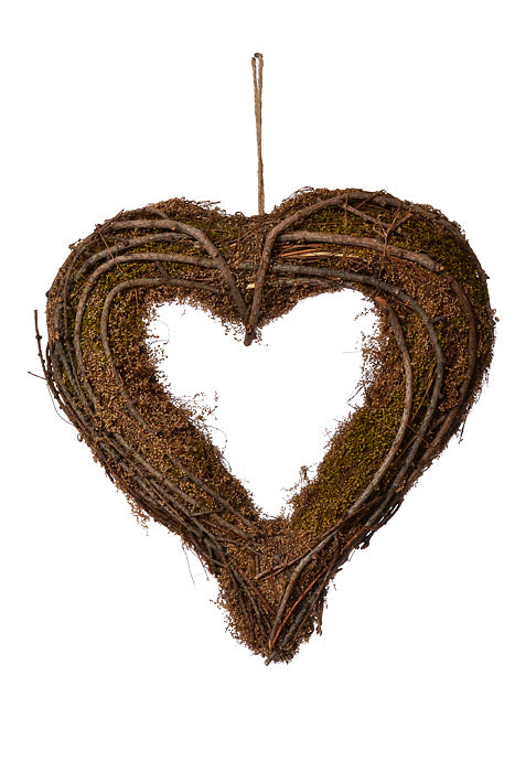 13" Twig/Moss Heart Ornament Brown/Green