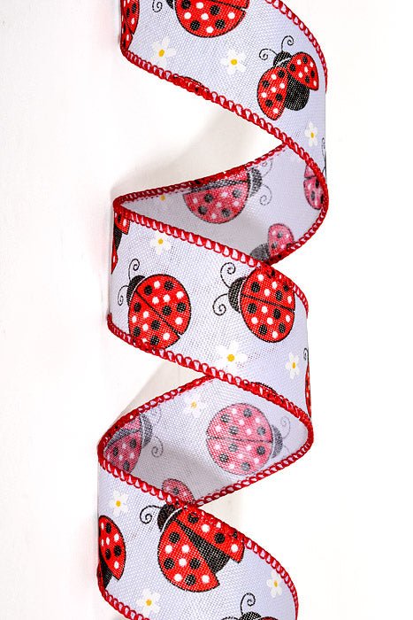 1.5" x 10Yds Wired Linen Lady Bugs &amp; Daisies Ribbon White/Red