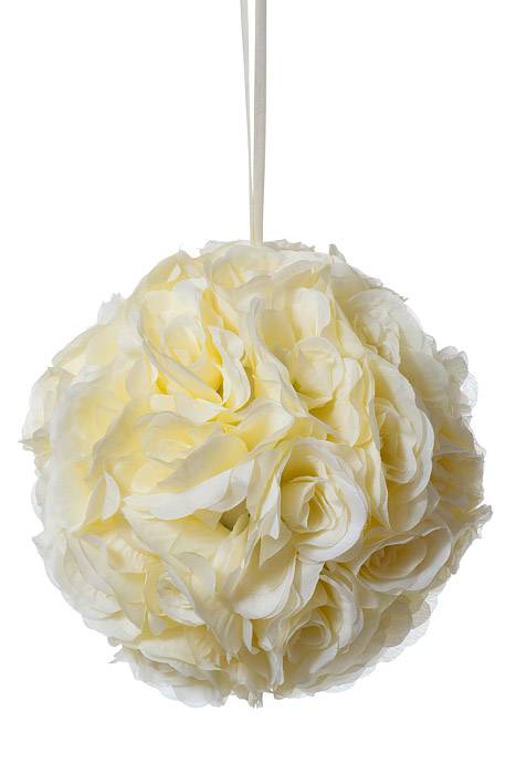 12&quot; Rose Ball W/ribbon Ivory