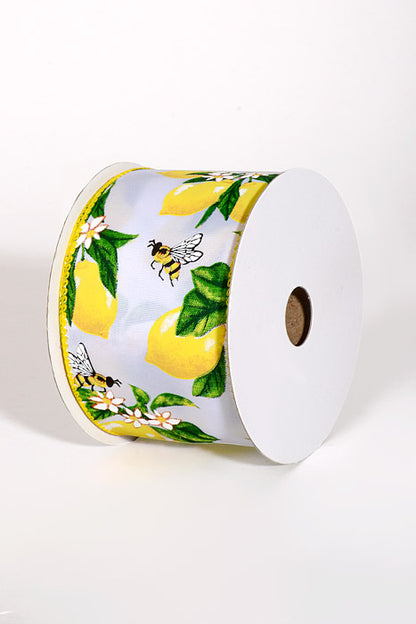 2.5" x 10Yds Wired Satin Lemons &amp; Bees Ribbon Yellow/Green