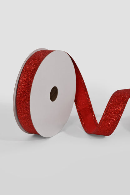 7/8" X 10Yds Wired All Flat Glitter Ribbon Red