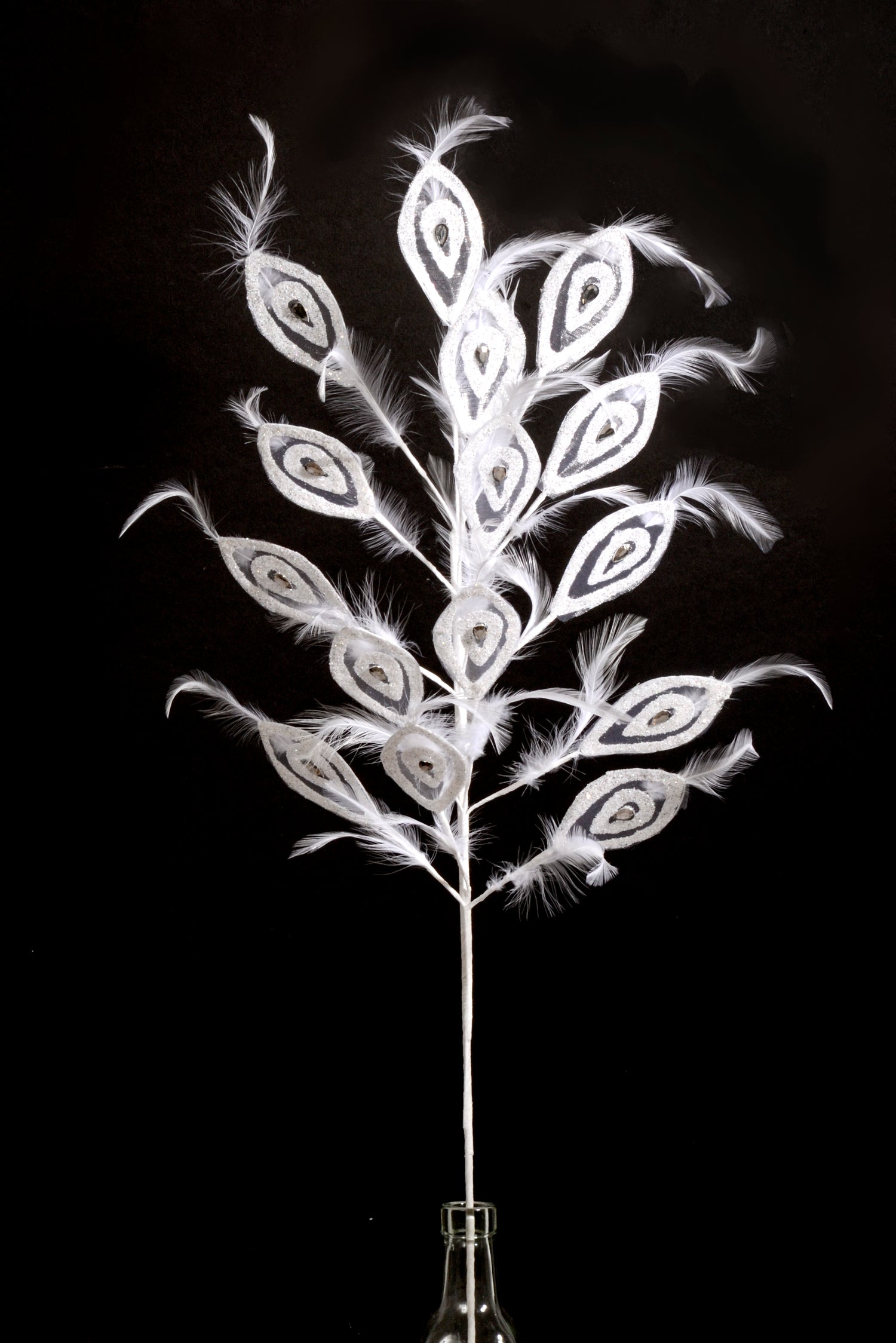 31.5" Peacock Feather Spray W/Glitter White