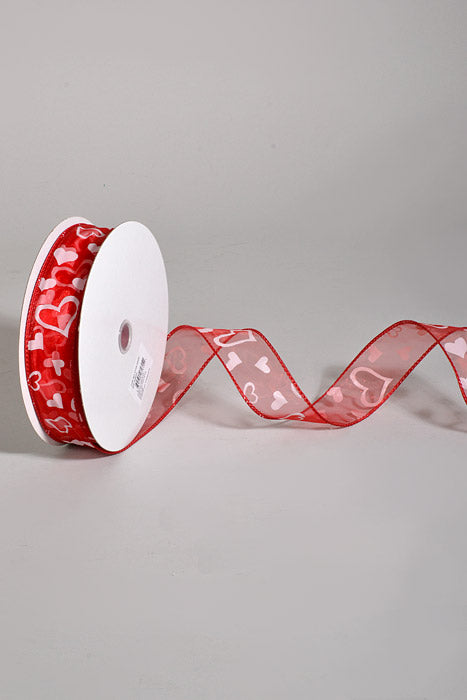 1.5" X 50Yds Wired Floating Hearts Ribbon Red/White