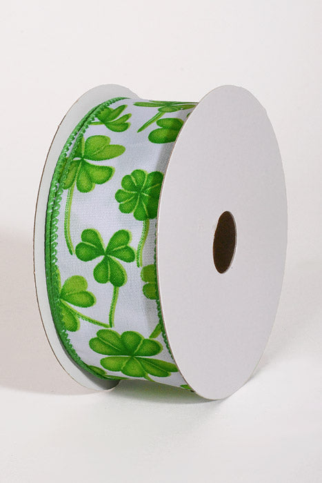 1.5" x 10Yds Wired Satin Watercolor Shamrocks Ribbon Green/White
