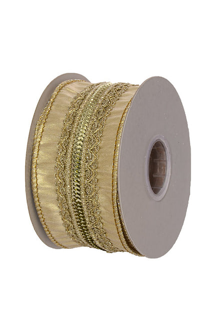 2.5" X 5Yds Wired Trim On Metallic Dupion Ribbon Champagne