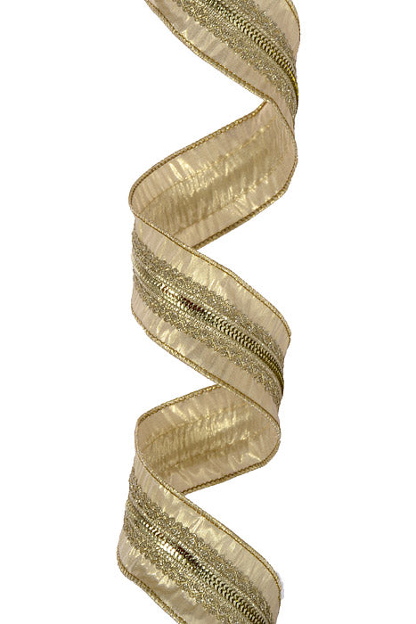 2.5" X 5Yds Wired Trim On Metallic Dupion Ribbon Champagne