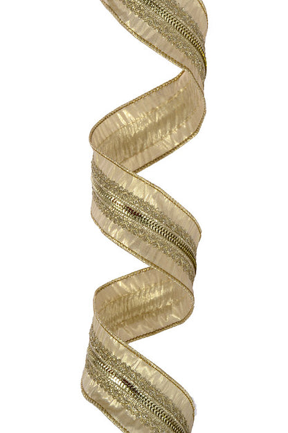 2.5" X 5Yds Wired Trim On Metallic Dupion Ribbon Champagne