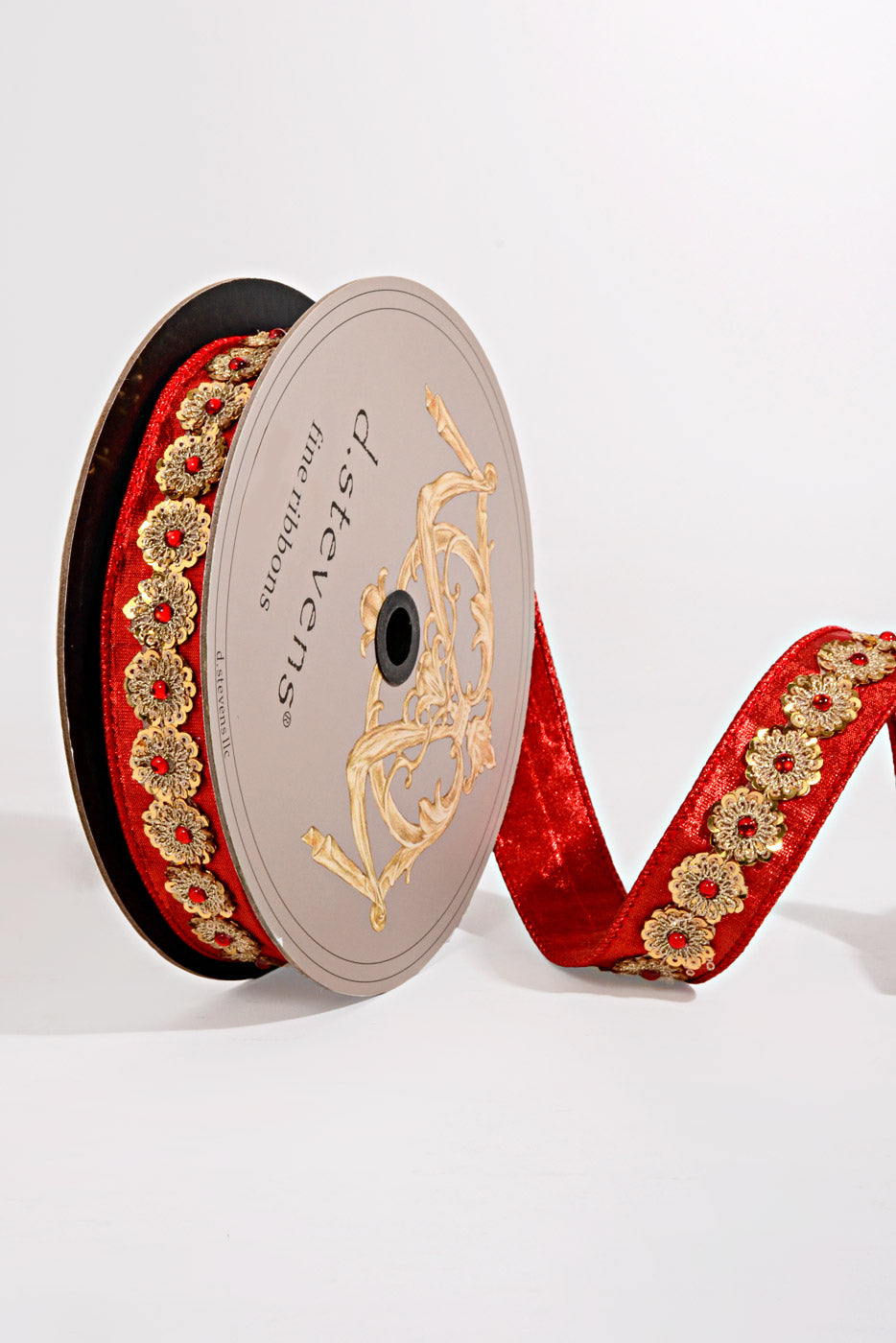 1.5" X 10Yds Metallic Dupion Gold Sequin Trim Ribbon Red