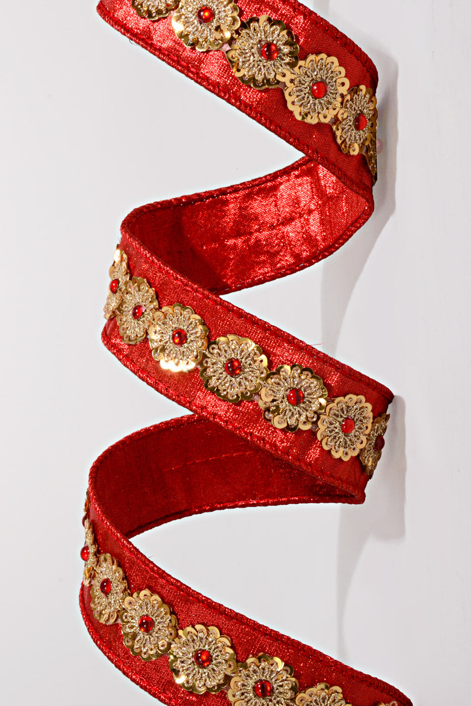 1.5" X 10Yds Metallic Dupion Gold Sequin Trim Ribbon Red