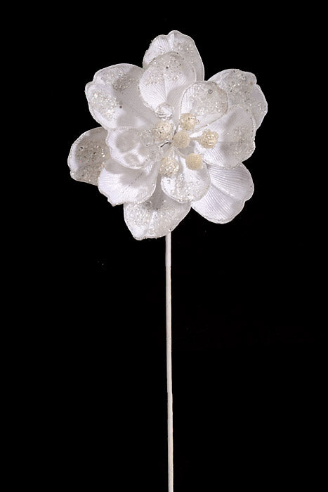 24" Iced W/Jewel Encrusted Magnolia Stem White