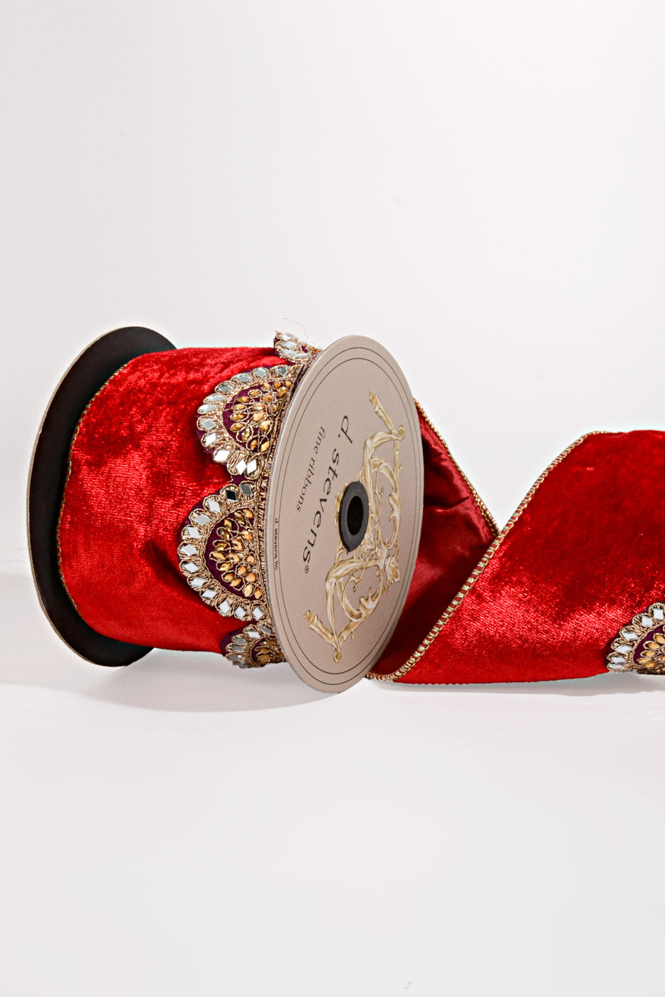 4" X 5Yds Velvet Scalloped Jewel Mirror Trim Ribbon Red/Gold