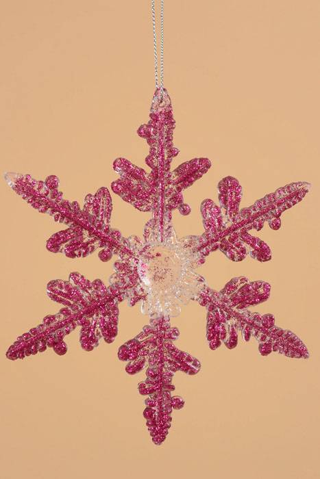 5.25" Glitter Snow Flake Hanging Ornament Fuchsia Pkg/6