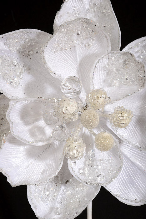 24" Iced W/Jewel Encrusted Magnolia Stem White