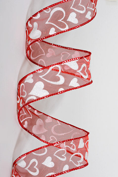 1.5" x 50Yds Wired Glitter Sheer Jane Hearts Ribbon Red/White