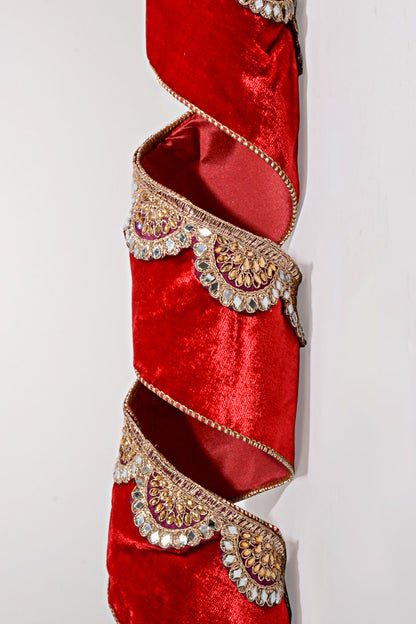 4" X 5Yds Velvet Scalloped Jewel Mirror Trim Ribbon Red/Gold