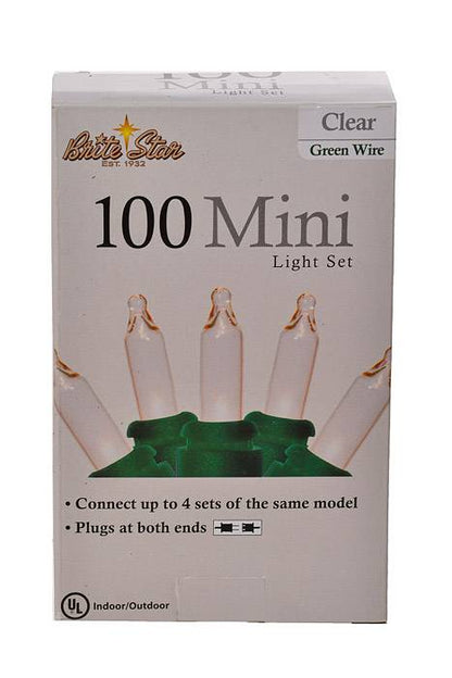22.4Ft Mini Light Set Clear/Green Wire 100Lt