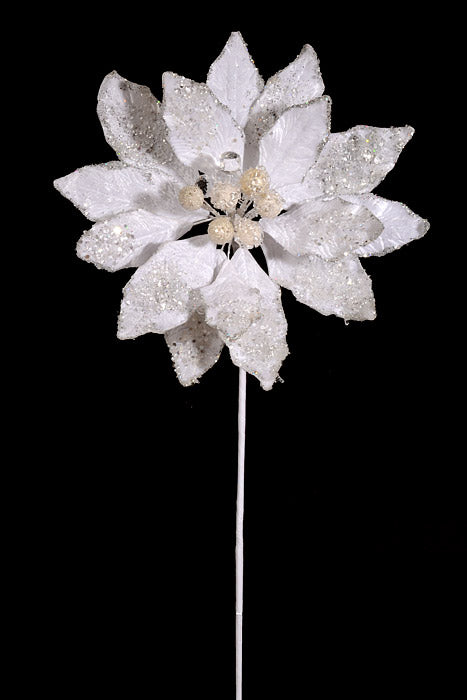 24" Iced W/Jewel Encrusted Poinsettia Stem White