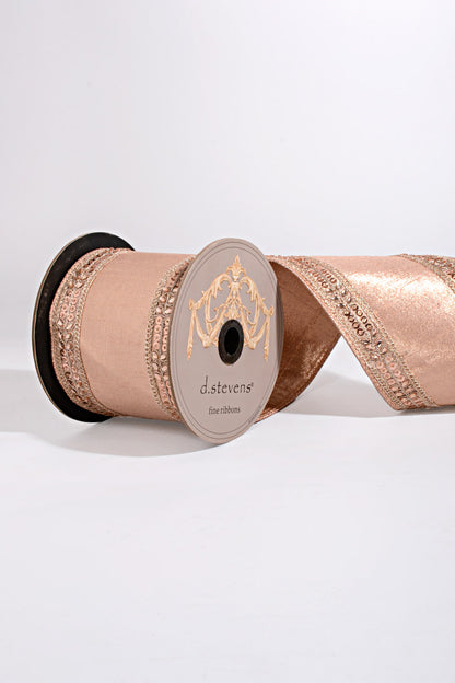 4" X 5Yds Metallic Dupion Blush Jewel Sequin Ribbon Rose Gold