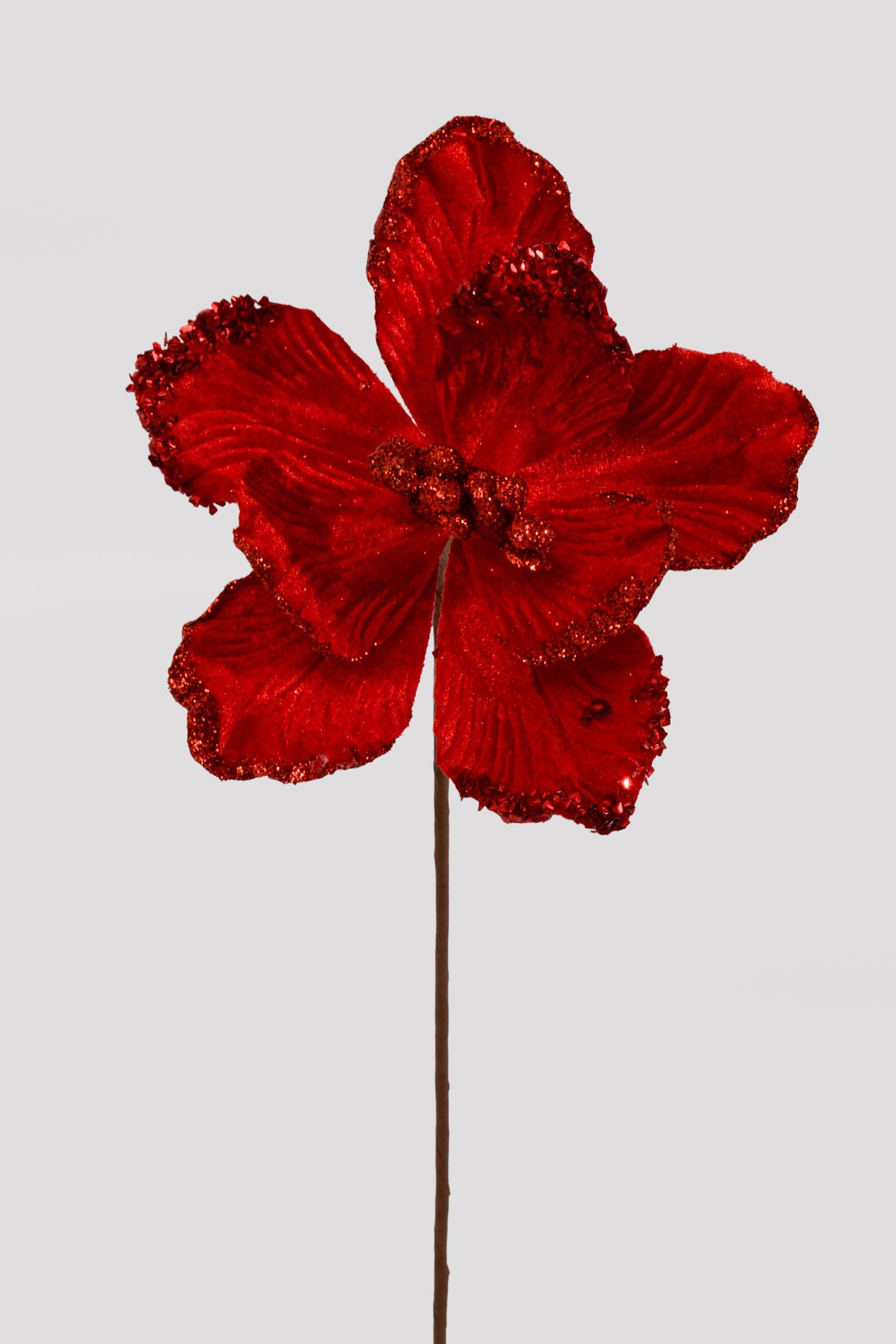 17" Velvet/Glitter Magnolia Stem Red