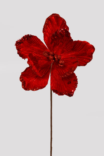 17" Velvet/Glitter Magnolia Stem Red