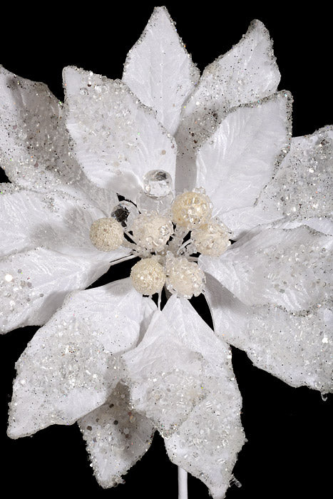 24" Iced W/Jewel Encrusted Poinsettia Stem White
