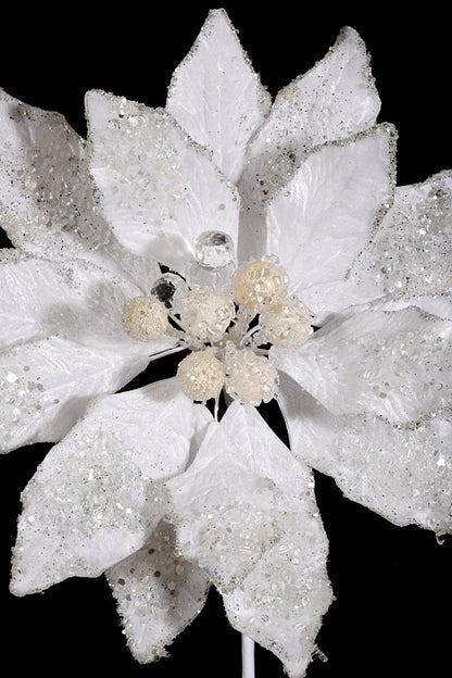 24" Iced W/Jewel Encrusted Poinsettia Stem White