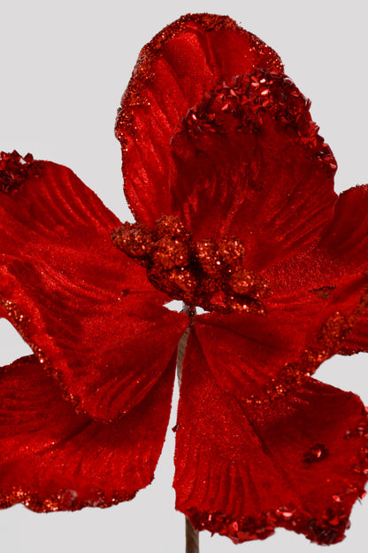 17" Velvet/Glitter Magnolia Stem Red
