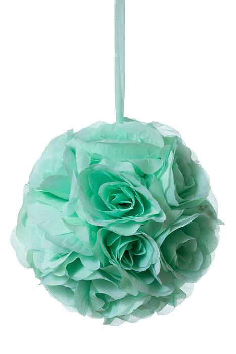 8" Rose Ball W/ribbon Aqua