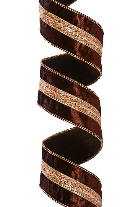 2.5" X 5Yds Wired Herringbone Velvet Taffeta Ribbon Brown