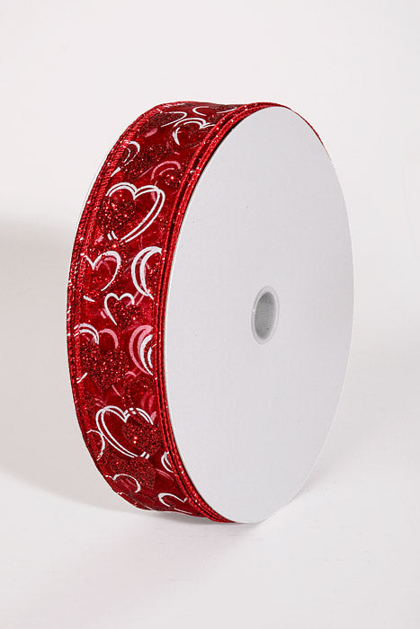 1.5" x 50Yds Wired Glitter Sheer Lisa Hearts Ribbon Dark Red