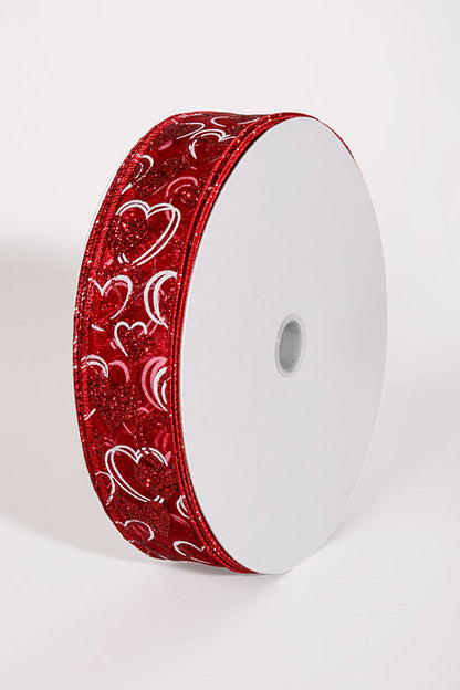 1.5" x 50Yds Wired Glitter Sheer Lisa Hearts Ribbon Dark Red