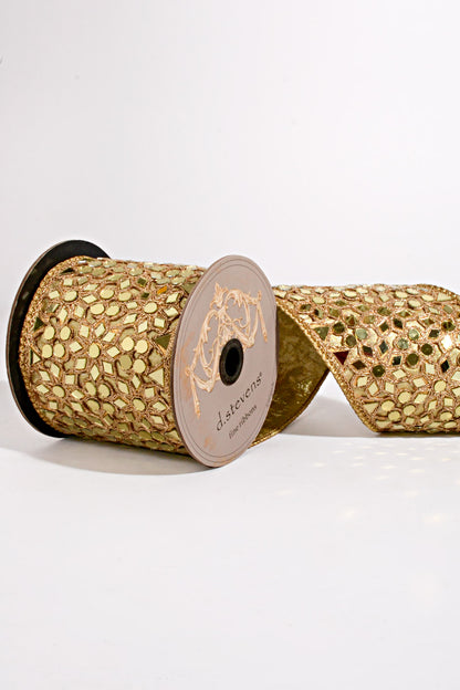 4.5" X 5Yds Metallic Dupion Mirror Floral Mosaic Ribbon Gold