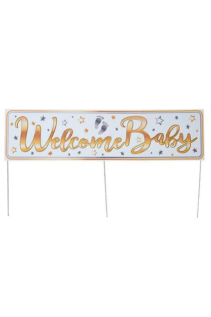 11.75" x 47" Plastic Jumbo Welcome Baby Yard Sign White/Gold