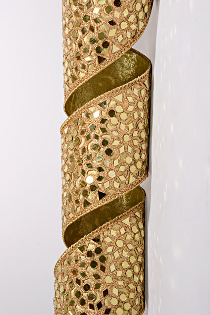 4.5" X 5Yds Metallic Dupion Mirror Floral Mosaic Ribbon Gold