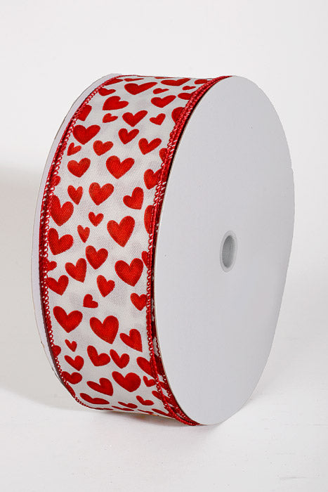 2.5" x 50Yds Wired Ivory Linen Benson Hearts Ribbon Red